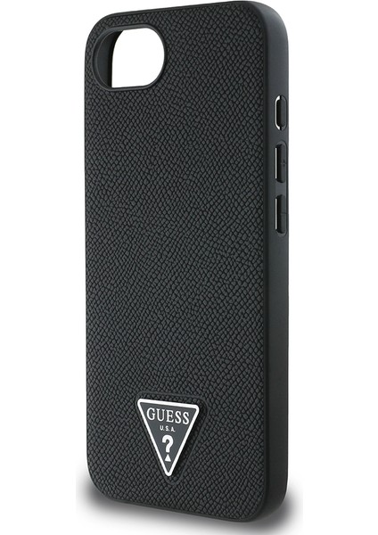 iPhone 16E Uyumlu Kılıf Guess Orjinal Lisanslı M-Safe Şarj Özellikli Grained Triangle Kapak Siyah