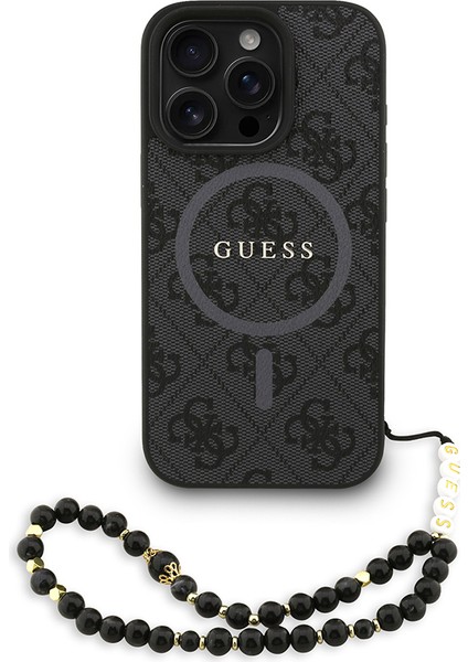 iPhone 16 Pro Max Uyumlu Kılıf Guess Lisanslı M-Safe Uyumlu Bilek Askı Ipli Yazı Logolu Kapak Siyah