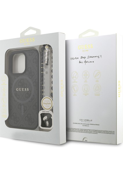 iPhone 16 Pro Max Uyumlu Kılıf Guess Lisanslı M-Safe Uyumlu Bilek Askı Ipli Yazı Logolu Kapak Siyah