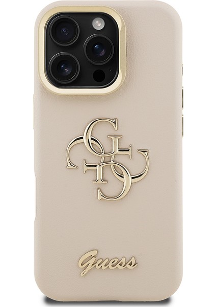 iPhone 16 Pro Uyumlu Kılıf Guess Orjinal Lisanslı Grained Yazı Logolu Kamera Standlı Kapak Bej modelleri