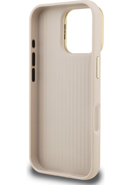 iPhone 16 Pro Uyumlu Kılıf Guess Orjinal Lisanslı Grained Yazı Logolu Kamera Standlı Kapak Bej