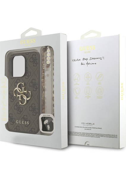 iPhone 15 Pro Max Uyumlu Kılıf Guess Lisanslı Bilek Askı Ipli Metal 4g ve Yazı Logolu Kapak Kahveren