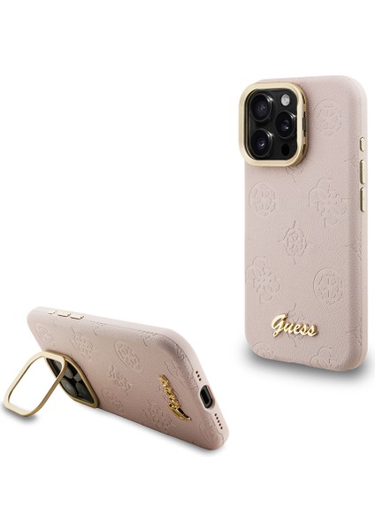 iPhone 15 Pro Uyumlu Kılıf Guess Lisanslı M-Safe Şarj Özellikli Kamera Standlı Peony Kapak Pembe