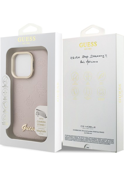 iPhone 15 Pro Uyumlu Kılıf Guess Lisanslı M-Safe Şarj Özellikli Kamera Standlı Peony Kapak Pembe