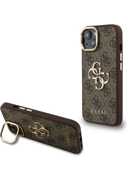 iPhone 15 Uyumlu Kılıf Guess Lisanslı Metal 4g ve Yazı Logolu Kamera Standlı Kapak Kahverengi