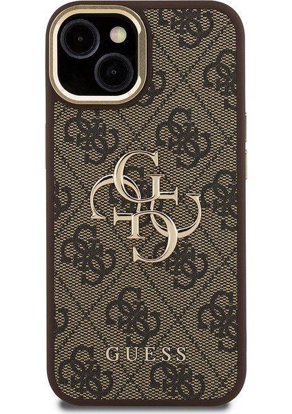 iPhone 15 Uyumlu Kılıf Guess Lisanslı Metal 4g ve Yazı Logolu Kamera Standlı Kapak Kahverengi modelleri