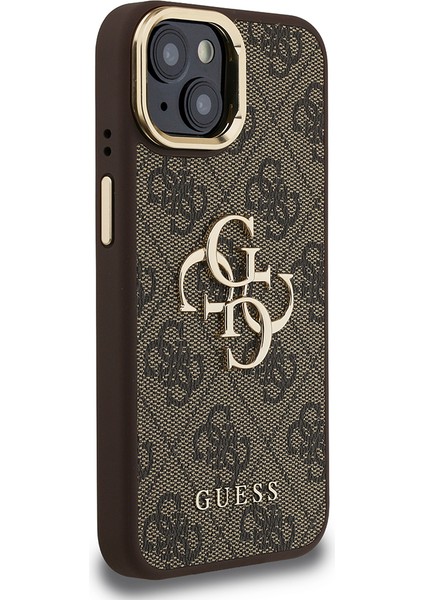iPhone 15 Uyumlu Kılıf Guess Lisanslı Metal 4g ve Yazı Logolu Kamera Standlı Kapak Kahverengi fırsatları