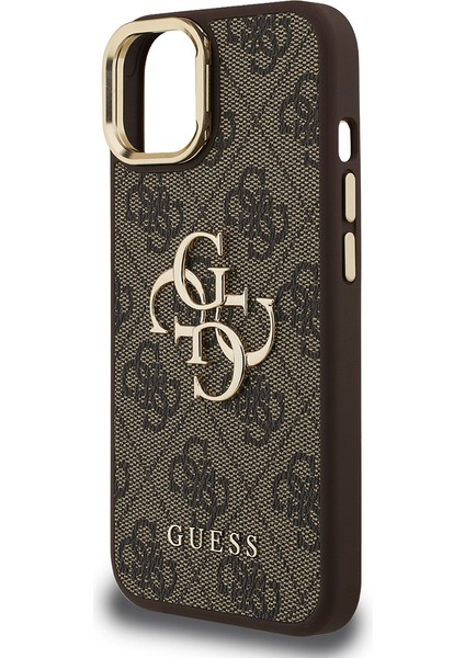 iPhone 15 Uyumlu Kılıf Guess Lisanslı Metal 4g ve Yazı Logolu Kamera Standlı Kapak Kahverengi