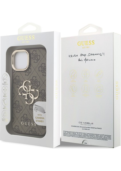 iPhone 15 Uyumlu Kılıf Guess Lisanslı Metal 4g ve Yazı Logolu Kamera Standlı Kapak Kahverengi