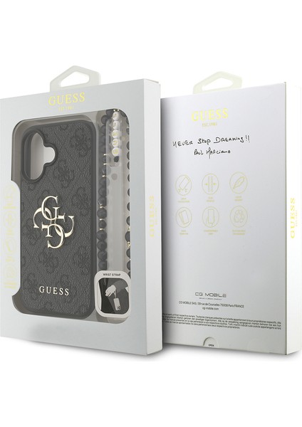 iPhone 16 Uyumlu Kılıf Guess Lisanslı Bilek Askı Ipli Metal 4g ve Yazı Logolu Kapak Siyah