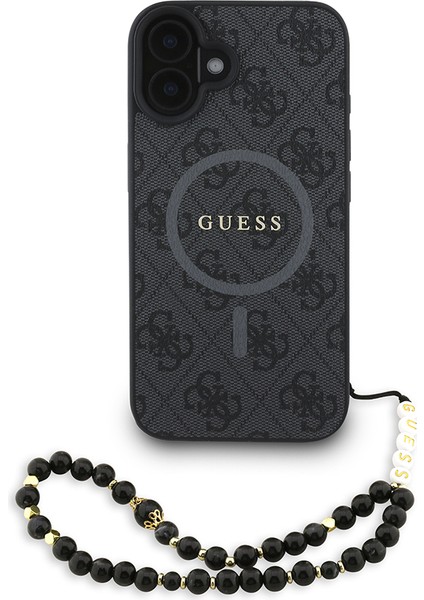 iPhone 16 Plus Uyumlu Kılıf Guess Lisanslı M-Safe Uyumlu Bilek Askı Ipli Yazı Logolu Kapak Siyah