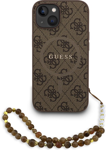 iPhone 15 Uyumlu Kılıf Guess Lisanslı M-Safe Uyumlu Bilek Askı Ipli Yazı Logolu Kapak Kahverengi