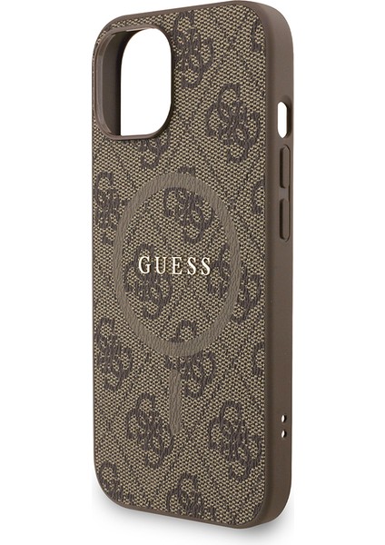 iPhone 15 Uyumlu Kılıf Guess Lisanslı M-Safe Uyumlu Bilek Askı Ipli Yazı Logolu Kapak Kahverengi