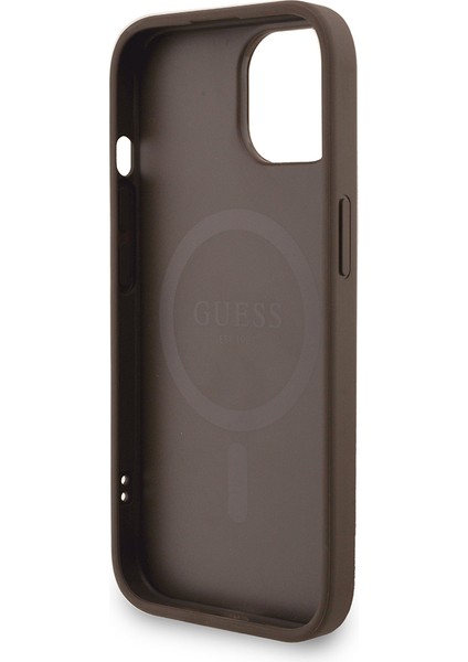 iPhone 15 Uyumlu Kılıf Guess Lisanslı M-Safe Uyumlu Bilek Askı Ipli Yazı Logolu Kapak Kahverengi