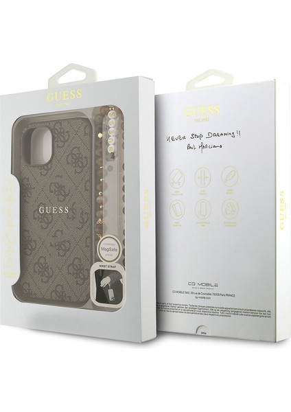 iPhone 15 Uyumlu Kılıf Guess Lisanslı M-Safe Uyumlu Bilek Askı Ipli Yazı Logolu Kapak Kahverengi