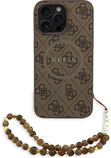 iPhone 13 Pro Max Uyumlu Kılıf Guess Lisanslı M-Safe Uyumlu Bilek Askı Ipli Yazı Logolu Kapak Kahve
