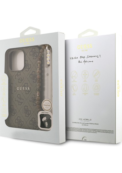 iPhone 13 Pro Max Uyumlu Kılıf Guess Lisanslı M-Safe Uyumlu Bilek Askı Ipli Yazı Logolu Kapak Kahve