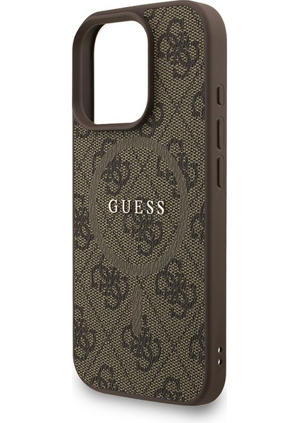 iPhone 16 Pro Max Uyumlu Kılıf Guess Lisanslı M-Safe Uyumlu Bilek Askı Ipli Yazı Logolu Kapak Kahve