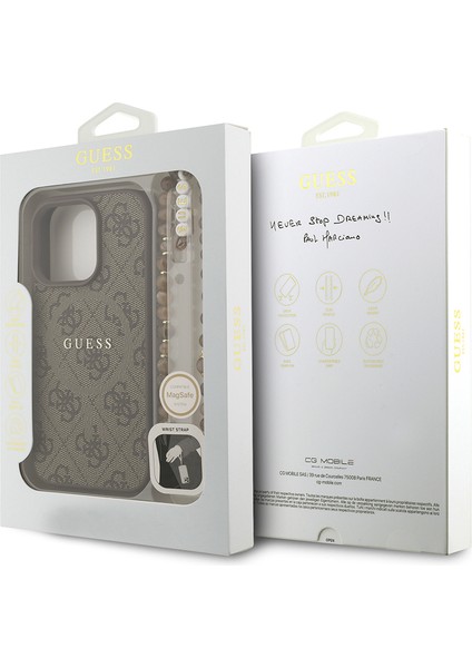 iPhone 16 Pro Max Uyumlu Kılıf Guess Lisanslı M-Safe Uyumlu Bilek Askı Ipli Yazı Logolu Kapak Kahve
