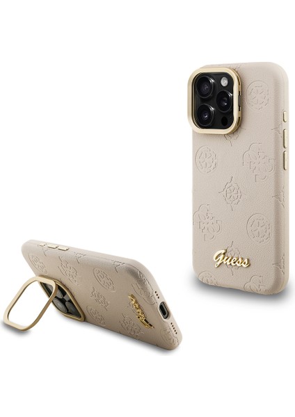 iPhone 15 Pro Max Uyumlu Kılıf Guess Lisanslı M-Safe Şarj Özellikli Kamera Standlı Peony Kapak Bej