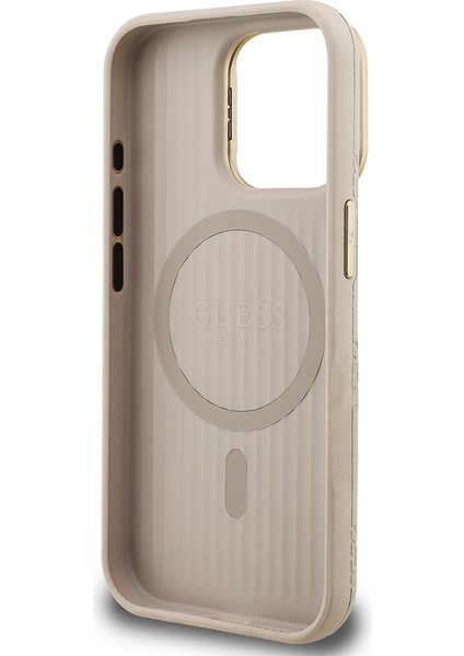 iPhone 15 Pro Max Uyumlu Kılıf Guess Lisanslı M-Safe Şarj Özellikli Kamera Standlı Peony Kapak Bej