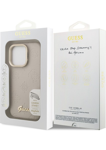 iPhone 15 Pro Max Uyumlu Kılıf Guess Lisanslı M-Safe Şarj Özellikli Kamera Standlı Peony Kapak Bej