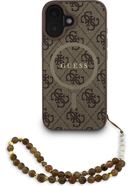iPhone 16 Plus Uyumlu Kılıf Guess Lisanslı M-Safe Uyumlu Bilek Askı Ipli Yazı Logolu Kapak Kahve