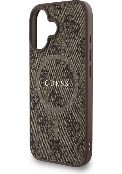 iPhone 16 Plus Uyumlu Kılıf Guess Lisanslı M-Safe Uyumlu Bilek Askı Ipli Yazı Logolu Kapak Kahve