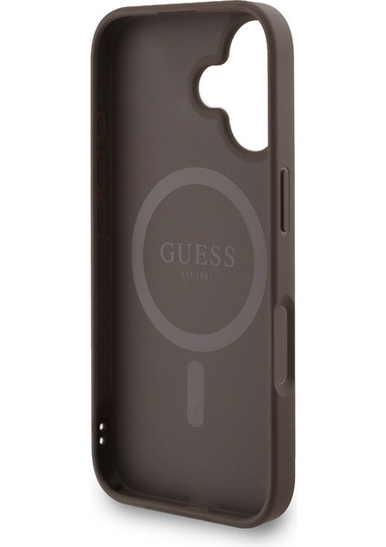 iPhone 16 Plus Uyumlu Kılıf Guess Lisanslı M-Safe Uyumlu Bilek Askı Ipli Yazı Logolu Kapak Kahve
