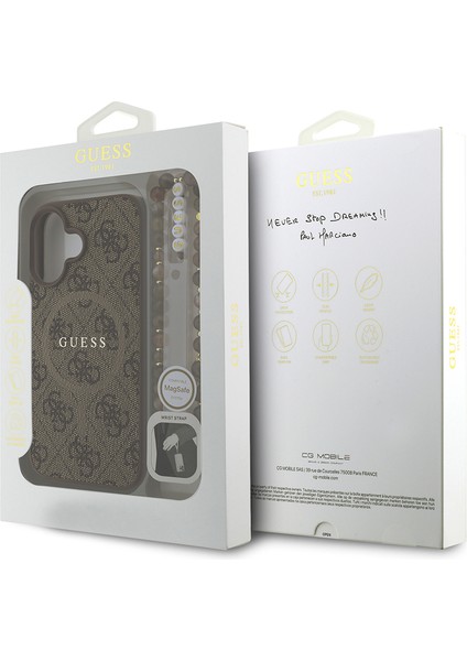 iPhone 16 Plus Uyumlu Kılıf Guess Lisanslı M-Safe Uyumlu Bilek Askı Ipli Yazı Logolu Kapak Kahve