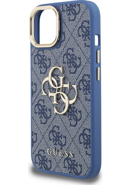 iPhone 15 Uyumlu Kılıf Guess Lisanslı Metal 4g ve Yazı Logolu Kamera Standlı Kapak Mavi