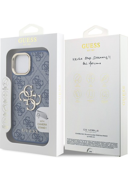 iPhone 15 Uyumlu Kılıf Guess Lisanslı Metal 4g ve Yazı Logolu Kamera Standlı Kapak Mavi
