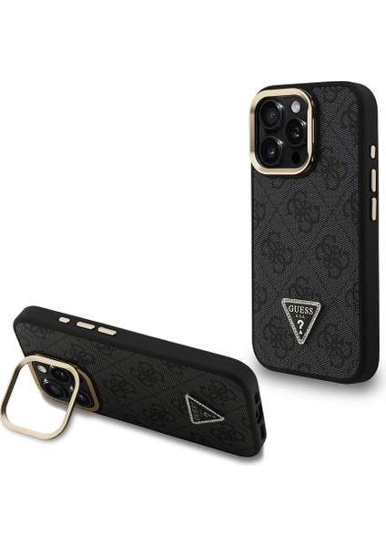 iPhone 15 Pro Uyumlu Kılıf Guess Lisanslı Üçgen Logo 4g Desenli Kamera Standlı Kapak Siyah