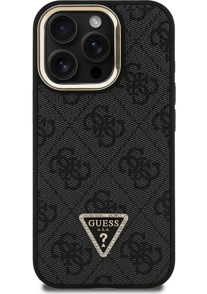 iPhone 15 Pro Uyumlu Kılıf Guess Lisanslı Üçgen Logo 4g Desenli Kamera Standlı Kapak Siyah modelleri