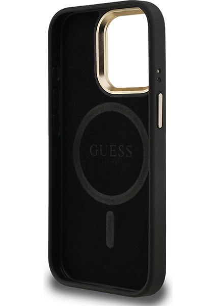 iPhone 15 Pro Uyumlu Kılıf Guess Lisanslı Üçgen Logo 4g Desenli Kamera Standlı Kapak Siyah