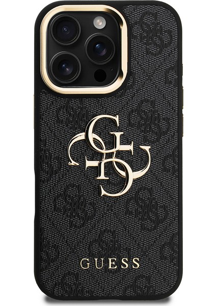 iPhone 16 Pro Uyumlu Kılıf Guess Lisanslı Metal 4g ve Yazı Logolu Kamera Standlı Kapak Siyah modelleri