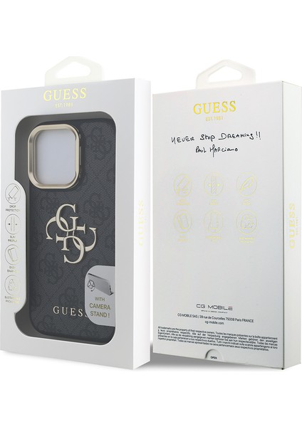 iPhone 16 Pro Uyumlu Kılıf Guess Lisanslı Metal 4g ve Yazı Logolu Kamera Standlı Kapak Siyah
