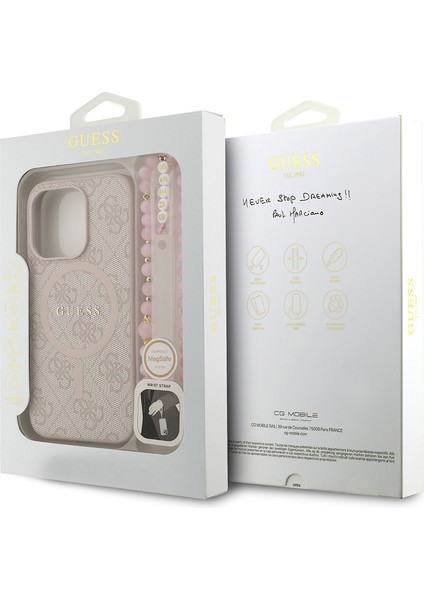 iPhone 15 Pro Uyumlu Kılıf Guess Lisanslı M-Safe Uyumlu Bilek Askı Ipli Yazı Logolu Kapak Pembe