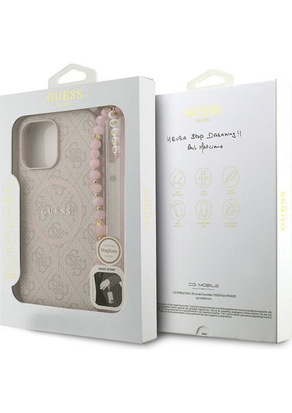 iPhone 15 Pro Max Uyumlu Kılıf Guess Lisanslı M-Safe Uyumlu Bilek Askı Ipli Yazı Logolu Kapak Pembe