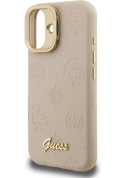 iPhone 16 Uyumlu Kılıf Guess Lisanslı M-Safe Şarj Özellikli Kamera Standlı Pu Deri Peony Kapak Bej