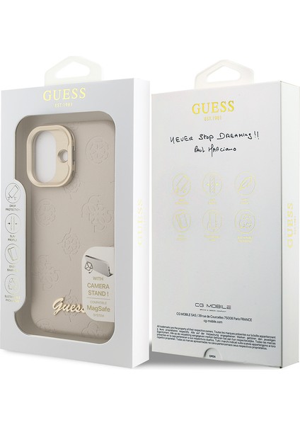 iPhone 16 Uyumlu Kılıf Guess Lisanslı M-Safe Şarj Özellikli Kamera Standlı Pu Deri Peony Kapak Bej