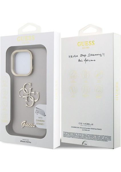 iPhone 16 Pro Uyumlu Kılıf Guess Orjinal Lisanslı Grained Yazı Logolu Kamera Standlı Kapak Bej
