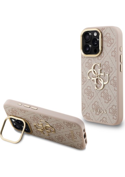 iPhone 16 Pro Max Uyumlu Kılıf Guess Lisanslı Metal 4g ve Yazı Logolu Kamera Standlı Kapak Pembe