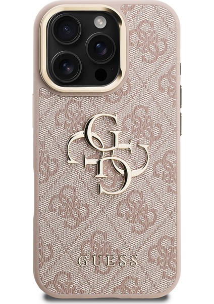 iPhone 16 Pro Max Uyumlu Kılıf Guess Lisanslı Metal 4g ve Yazı Logolu Kamera Standlı Kapak Pembe modelleri