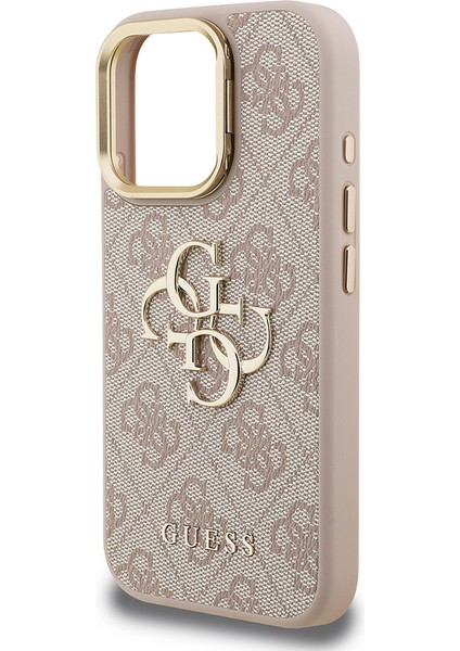 iPhone 16 Pro Max Uyumlu Kılıf Guess Lisanslı Metal 4g ve Yazı Logolu Kamera Standlı Kapak Pembe