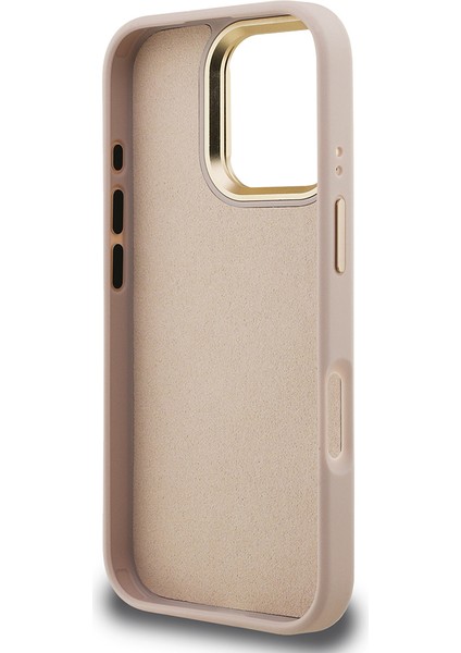 iPhone 16 Pro Max Uyumlu Kılıf Guess Lisanslı Metal 4g ve Yazı Logolu Kamera Standlı Kapak Pembe