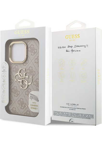 iPhone 16 Pro Max Uyumlu Kılıf Guess Lisanslı Metal 4g ve Yazı Logolu Kamera Standlı Kapak Pembe