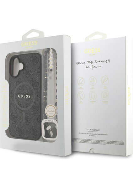 iPhone 16 Plus Uyumlu Kılıf Guess Lisanslı M-Safe Uyumlu Bilek Askı Ipli Yazı Logolu Kapak Siyah