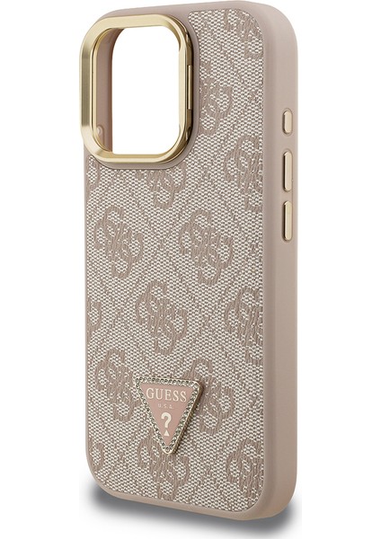 iPhone 15 Pro Uyumlu Kılıf Guess Lisanslı Üçgen Logo 4g Desenli Kamera Standlı Kapak Pembe