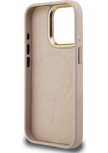 iPhone 15 Pro Uyumlu Kılıf Guess Lisanslı Üçgen Logo 4g Desenli Kamera Standlı Kapak Pembe